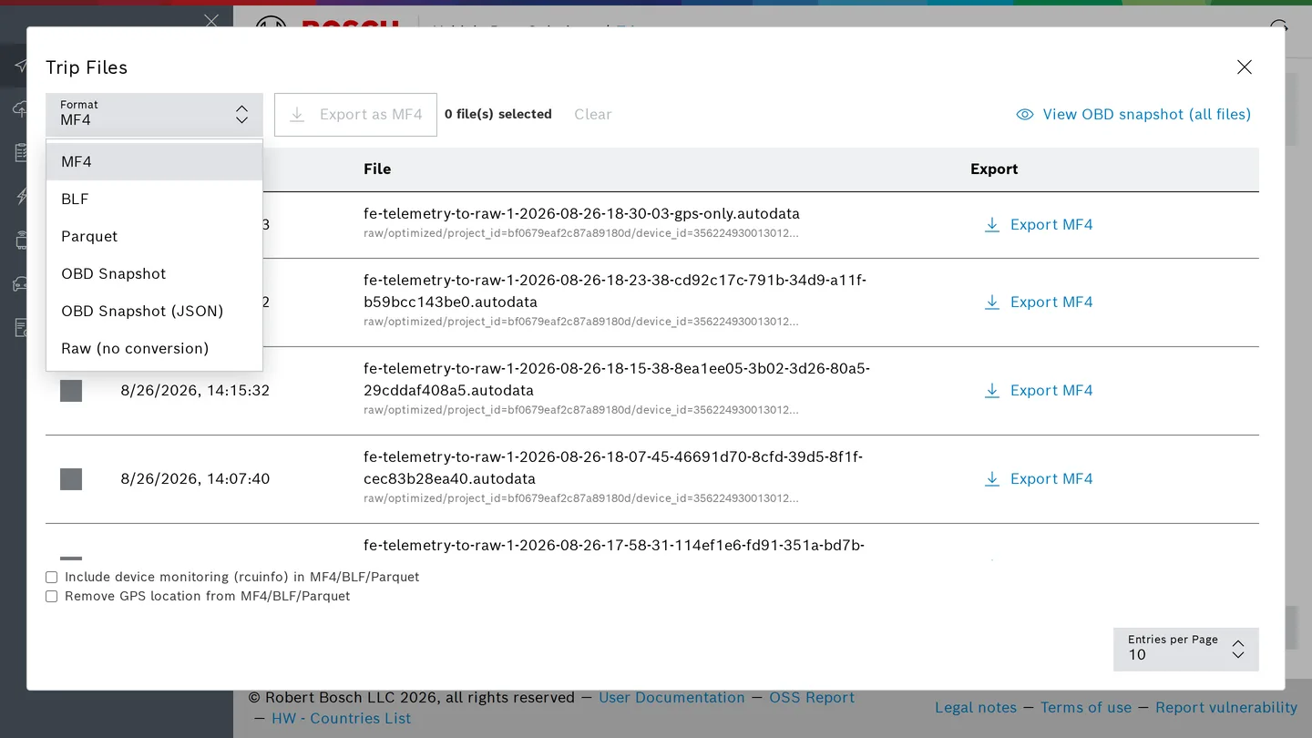 Trip files dialog with the format selector open
