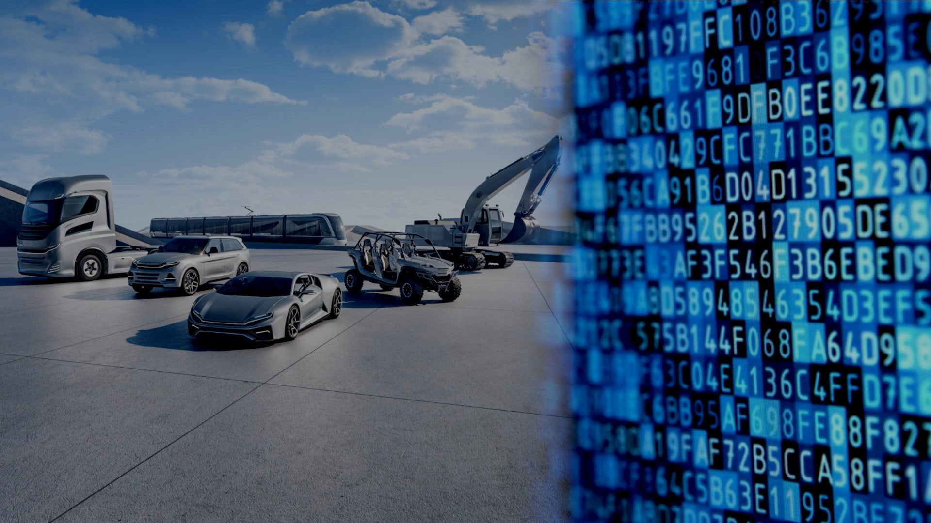 A truck, cars, an off-road vehicle, a tram and an excavator on an open plaza, beside a wall of hexadecimal data